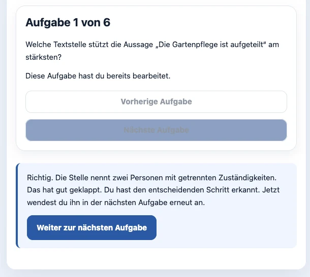Detailansicht einer automatischen Rückmeldung mit Erklärung zu einer Lektionsaufgabe