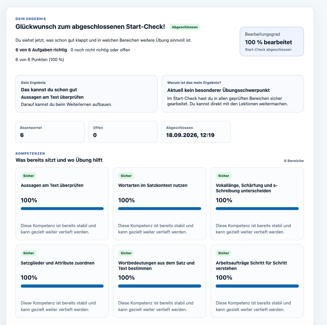 Start-Check-Ergebnis mit automatisch ausgewerteten Kompetenzbereichen