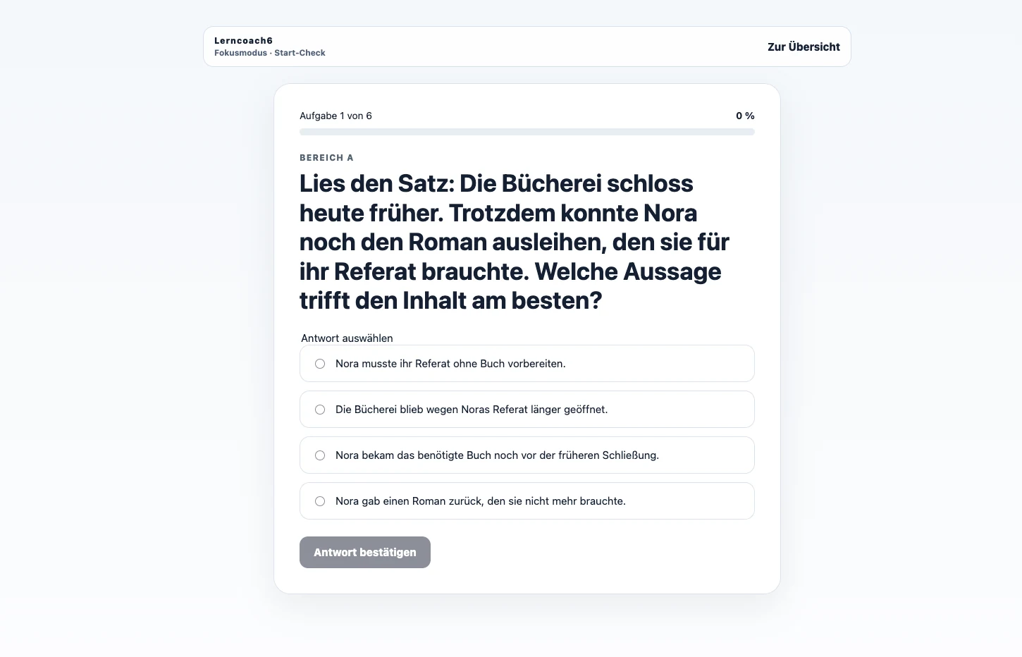 Aufgabenansicht des Start-Checks in Lerncoach6
